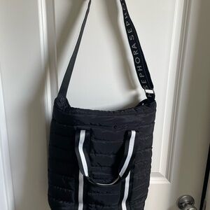 Sephora Black Quilted Tote with White-Trim Handles